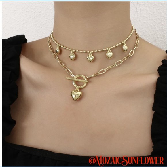 Gold Double Chain Choker With Heart Charms Toggle Clasp - Picture 2 of 3
